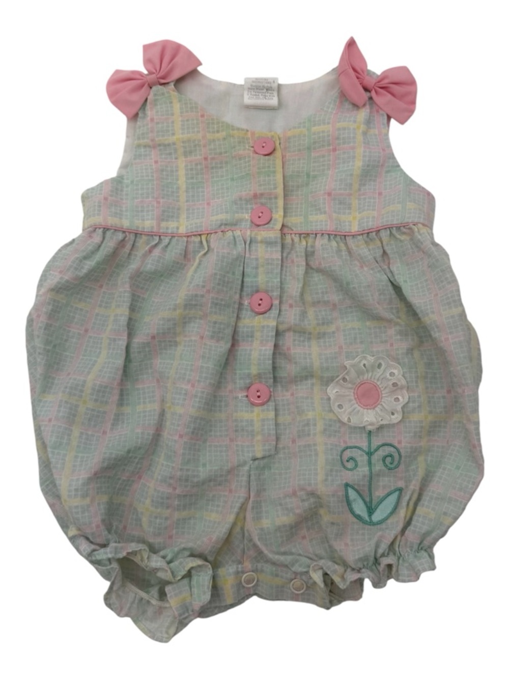 Vintage Baby Girl Pastel Plaid Baby Bubble Romper with Pink Bows